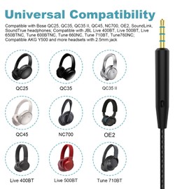 QC35 Mic Cable Compatible with Bose QC25, QC35, QC35 II, QC45, OE2, SoundLink, SoundTrue, for JBL Tune 710BT, 660NC, 760NC Headphones with in Line Mic Volume Control, 4.9ft