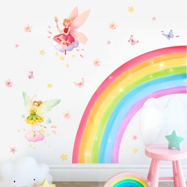 Large Rainbow Wall Decals Fairy Butterflies Flowers Wall Stickers Stars Peel and Stick Wall Art Decor for Girls Bedroom Kids Baby Nursery Living Room Playroom