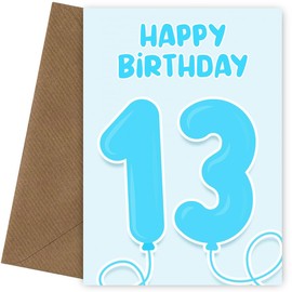 Hey Chimp 13th Birthday Card for Boys - Blue Balloons for 13 Year Old Boy, Son or Grandson, 13th Birthday Card, Blue Balloons