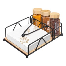 Ravasen Napkin Holder for Table with Wooden Base, Metal Napkin Dispenser with Salt and Pepper Shakers Caddy, Modern Square Napkin Holders for Dining Table Decor, Kitchen, Outdoor, Party