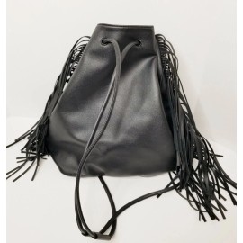 Victoria's Secret Victorias Secret  Black Faux Leather Fringe Backpack Bag Boho Drawstring