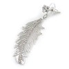 Silver Tone Clear Crystal Delicate Feather Drop Earrings - 50mm