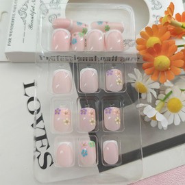 Press on Nails Short White French Tip Fake Nails Square False Nails with Flower Designs Glossy Acrylic Nails Full Cover Glue on Nails Cute Nude Stick on Nails for Women, 24Pcs