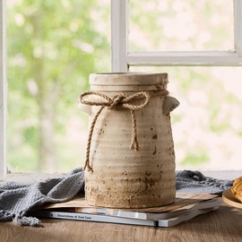 SIDUCAL Ceramic Decorative Flower Vase, 8 Inch Rustic Distressed Pottery Decorative Flower Vase for Home Decor, Ideal Shelf Decor, Bookshelf, Mantle, Entryway, Living Room, Table Decor
