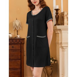 Ekouaer Nightgowns for Women 2 Pack Button Down Sleep Shirts Short Sleeve Nightshirt Sleepwear House Dress with Pockets Black/Wine Red Large