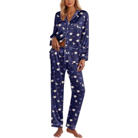 Ekouaer Silk Pajamas for Women Classic Button Down Satin Pajama Sets Long Sleeve Lounge Set