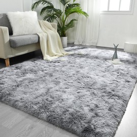 FlyDOIT Large Area Rugs for Living Room, 5x8 Feet Tie-Dyed Light Grey Shaggy Rug Fluffy Throw Carpets, Ultra Soft Plush Modern Indoor Fuzzy Rugs for Bedroom Girls Kids Nursery Room Dorm Home Decor