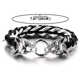 COOLSTEELANDBEYOND Stainless Steel Mens Wolf Head Curb Chain Bracelet Interwoven with Black Genuine Braided Leather