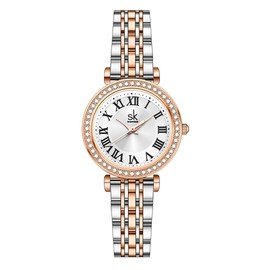 SHENGKE SK Fashion Crystal-Accented Watch for Women with Roman Numerals, Easy Read Dial Watch. (Silver-Rosegold)
