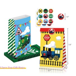 Train Party Bags, Train Birthday Party Accessories, 86 Pieces Train Party Accessories, Includes 12 Train Key Chains, 12 Slap Bracelets, 12 Gift Bags, 50 Pieces Stickers, for Decoration, Gifts