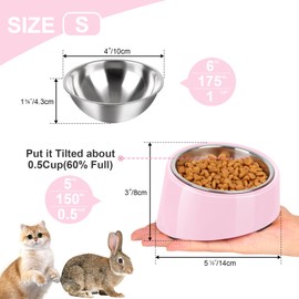 Petvillage Tilted Angle Dog Bowl, 15° Slanted Stainless Steel Dog Cat Food Bowl, Non-Slip & Non-Spill Pet Feeder with Elevated Detachable Melamine Stand, Easy to Get Food Dog Dish, S/0.5 Cup Pink
