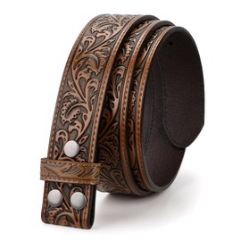 TRIWORKS Western Belt Strap for Men without Buckle 1.5" Wide Floral Engraved Embossed Leather Belt Strap
