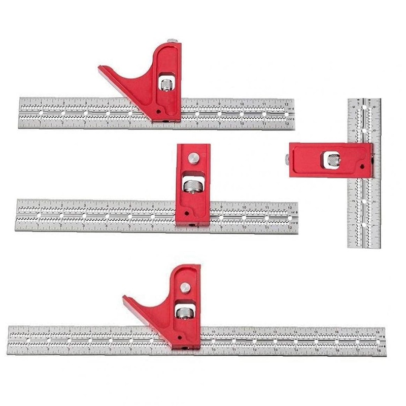 Red Combination Square Set Woodworking Joinery Measuring Ruler Carpenter Tools