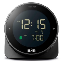 Braun digitaler Funkwecker für die mitteleuropäische Zeitzone (DCF) mit Schlummerfunktion, umgekehrtem LCD-Display, drehbarer Lünette für schnelle Zeiteinstellung, Schwarz, BC24B-DCF.
