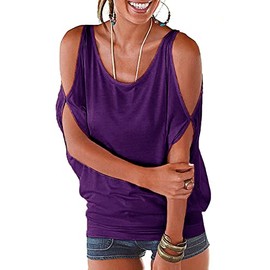Miselon Womens Cold Shoulder Tops Casual Summer Short Sleeve Shirts Blouse Purple,S