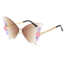 YAMEIZE Vintage Rhinestone Butterfly Rimless Sunglasses - for Women Men Trendy Diamond Crystal Butterfly Shaped Rhinestone Butterfly Eyewear UV Protection Party, Brown gradient