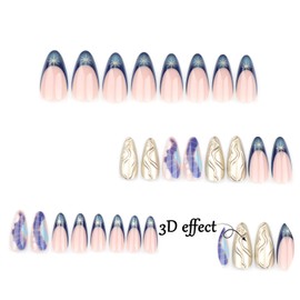 Almond Press on Nails Medium Pink 3D Gold Relief French Tip False Nails Crocodile Pattern Fake Nails Blue Gradient Artificial Coffin Nails Full Cover Acrylic Nails Press Ones Stick on Nails for Women