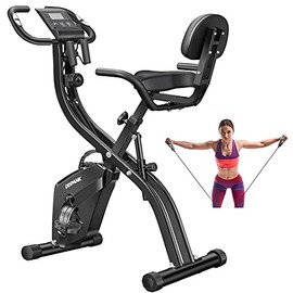 Folding Exercise Bikes DISPANK 3-in-1 X-Bike Indoor Recumbent Exercise Bikes, Sturdy Foldable Stationary Bike with Arm Resistance Band and Backrest, 10-Level Resistance for Men, Women and Seniors