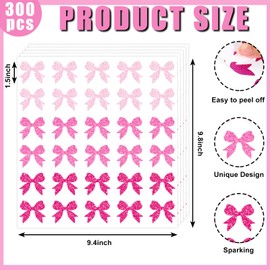 JarThenaAMCS 300Pcs Glitter Pink Bow Stickers 1.5 Inch Adhesive Shinny Bowknot Shaped Decals for Party Invitations Envelope Seals Craft Supplies