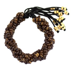 NOVICA Artisan Handmade Coconut Shell Braided Bracelet Thai No Stone Wristband Beaded Thailand Eco Friendly Nature [maximum Inner Circumference 7 in L x 1.2 in W Minimum Inner Circumference 5.25 in L]