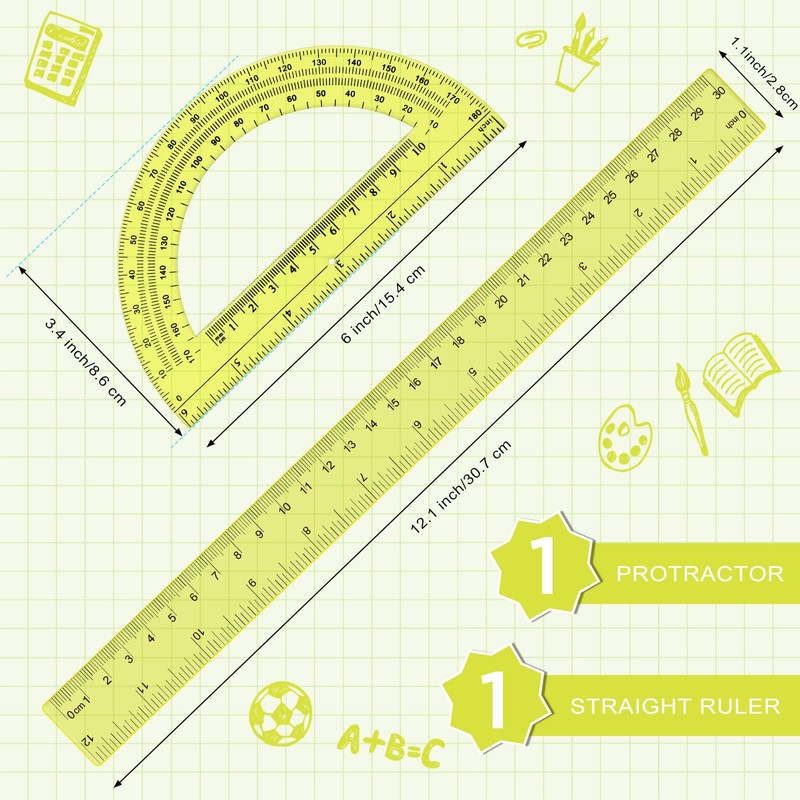 Zonon 2 Pack 12'' Plastic Ruler and 6'' Plastic Protractor