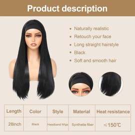 Yacurcur Headband Wigs Silky Straight Hair Glueless Headband Wig None Lace Front Hair Headband Wig Synthetic Straight Hair Headband Wigs for Women 150% Density Black Color 28 Inch