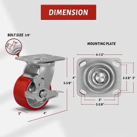 SY America 4" X 2" Caster Wheels - Heavy Duty Industrial Casters, Non-Marking Polyurethane on Silver Cast Iron Core Wheel, 2 Swivel Top Lock Brake,1600 lbs Capacity
