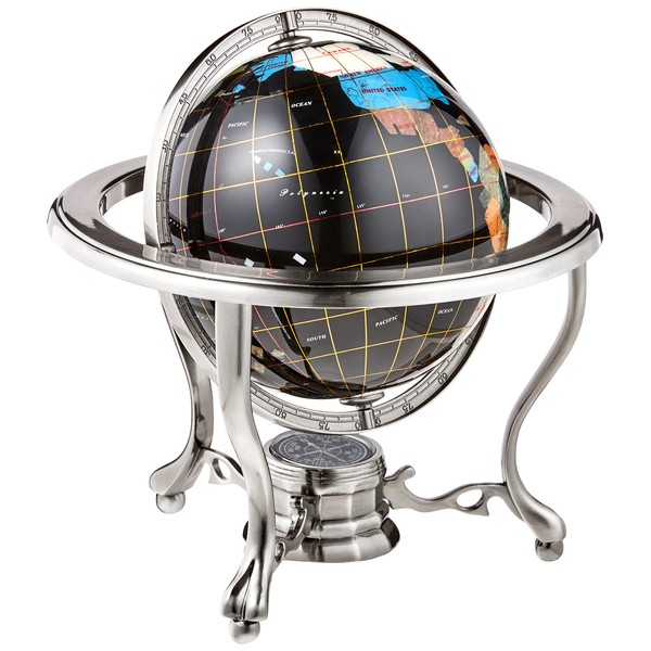 Unique Art 10-Inch Tall Table Top Black Onyx Ocean Gemstone World Globe with Silver Tripod Stand