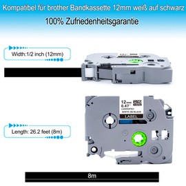 Meritom Compatible with Brother P-touch tapes, 12 mm x 8 m, white on black label tape, Tze335 Tz335 TZ 12 mm, 0.47 laminated label tape for Brother P-Touch Cube H100lb H105 H110C H107lb 1010 D210, 5X