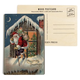 Christmas Greeting, Santa Climbing Out Window (4x6 Birch Wood Postcards, 2-Pack Stationary, Rustic Home Wall Decor)