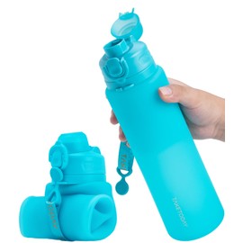 TakeToday Collapsible 32oz Silicone Water Bottles, Foldable Travel Bottle with Strap, BPA Free, Leakproof for Hiking, International Travel, Outdoors(Blue)