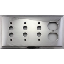 Polished Nickel Deco Step Style 4 Gang Combination Switch Plate - 3 Push Button Light Switch Openings 1 Duplex Outlet Opening