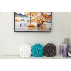 ACOCPOL 2 Pack Soft Hand Drying Hanging Ball Towels for Bathroom Microfiber Decorative Kitchen Fuzzy Ball Plush Sponge Cute Chenille Hand Towels with Hanging Loops (White and Sky Blue)