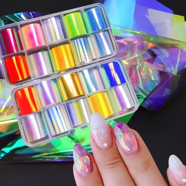 JCAKES 2 Boxes Aurora Glass Nail Foil Sheets Iridescent Cellophane Sheets Holographic Nail Art Foil Glass Nail Stickers Decals Reflective Nails Designs Neon Nail Decoration