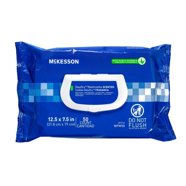 McKesson StayDry Disposable Wipes or Washcloths for Adults with Aloe, Incontinence, Alcohol-Free, Not-Flushable, 50 Wipes, 12 Packs, 600 Total