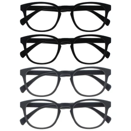 OPULIZE Pop - Juego de 4 anteojos de lectura retro redondas lisas mate negro gris mate para hombre y mujer, bisagras de resorte RRRR2-1177 +3.00