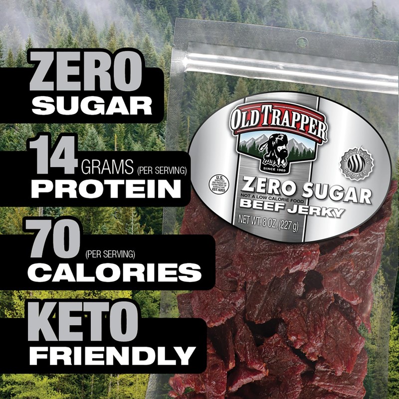 Old Trapper Zero Sugar Beef Jerky, Eight-Ounce Individual Package, Natural