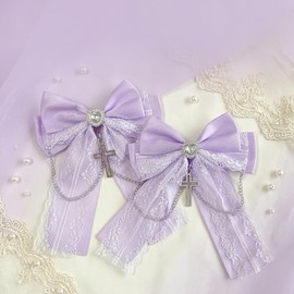 Ribbon Clip with Heart Bijou & Cross Charm, Set of 2, Lavender x White, Ribbon Clip, Lolita, Yume Cute, Gothic Loli, Hair Clip, Hair Pin, Hair Accessories