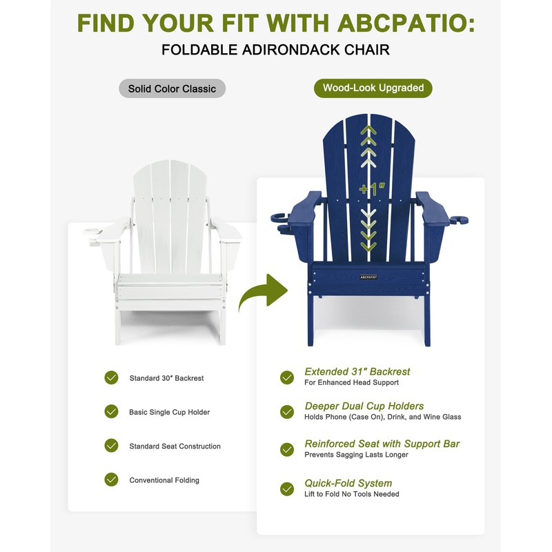 ABCPATIO Folding Adirondack Chair with Dual Cup Holders, All-Weather HDPE