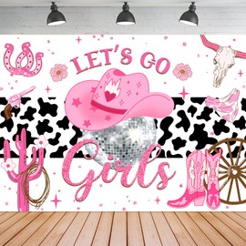 Ufeela Cowgirl Backdrop for Girl Western Pink Disco Birthday Decor Let's Go Rustic Cow Print Party Banner Cactus Hat Boots Wild West 7Wx5H Feet Fabric Polyester Photography Background Photo Shoot Prop
