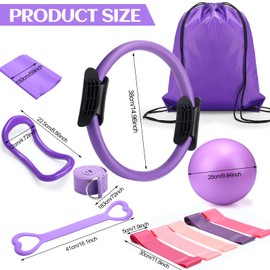 RoundFunny Set of 18 Pilates Ring Essential Kit for Women Pilates Ring and Ball Ankle Resistance Band Yoga Strap Socks Mat Arm Stretcher Latex Tube Gym Back Bag Exercise Equipment for Workout (Purple)