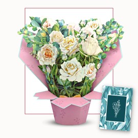 eGoHi Paper Flower Bouquet Card, Pop Up Cards, 11 inches with Note Card and Envelope - Ivory Roses