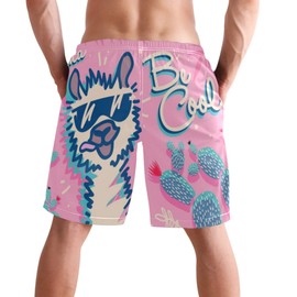 visesunny Llama Be Cool Animal Print Men's Beach Shorts Hot Summer Swim Trunks Sports Running Bathing Suits with Mesh Lining