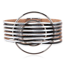 RIAH FASHION Bohemian Animal Print Statement Bracelet - Boho Wrist Cuff Wrap Leather, Faux Leatherette Leopard, Buckle Bangle (Ring Buckle - Silver Woven/Black)