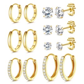 Dochais 14K Gold Plated Earring Set - Hypoallergenic Huggie Hoop, Gold Stud, and Small Hoop Earrings for Women, Trendy Gold Earrings Ideal for Multiple Piercings & Sensitive Ears