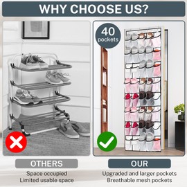 Hualleko 2PCS 40-Pocket Over the Door Shoe Organizer, Hanging Shoe Rack for Closet Door,Shoes Storage Holder Hanger with Large Mesh Pocket for Women Men Shoes,Flip Flops (White-B2)