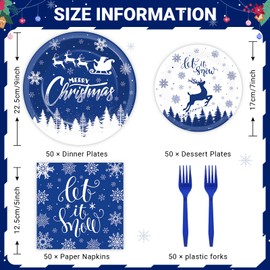 200Pcs Christmas Plates and Napkins Blue Merry Christmas Tableware Set Let it Snow Reindeer Snowflakes Dinnerware Set for Xmas Party Decorations Winter Holiday Birthday Party Serve 50 Guests