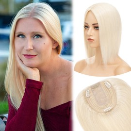 MY-LADY Human Hair Toppers for Women Real Human Hair for Thinning Hair 10 * 12CM Silk Base Hairpieces No Bangs 130% Density Clip in Remy Hair Pieces 18 Inch #60 Platinum Blonde