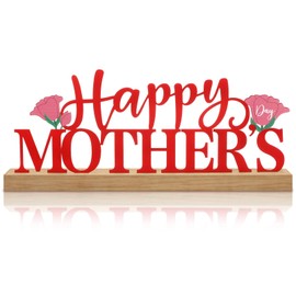 MiniInflat Happy Mother's Day Metal Sign Mother Table Centerpiece Gifts with Tulip Decoration Wood Base for Mom Grandma Wife Tiered Tray Decor Home Office Mantel Shelf Tabletop Desk Party Supplies