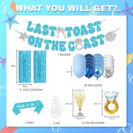 Last Toast on The Coast Bachelorette Decorations, Blue Bridal Shower Party Decorations Including Fringe Curtain, Bride To Be Sash, Veil, Bachelorette Banner, Centerpieces, Hanging Swirls, and Pom poms